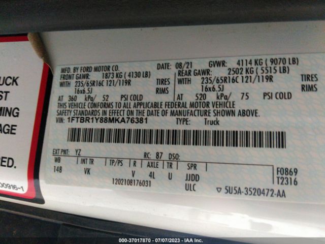1FTBR1Y88MKA76381 Ford TRANSIT CARGO VAN