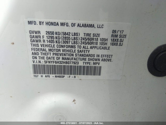 Honda Pilot Ex 2017 5FNYF6H32HB077923 Image 9