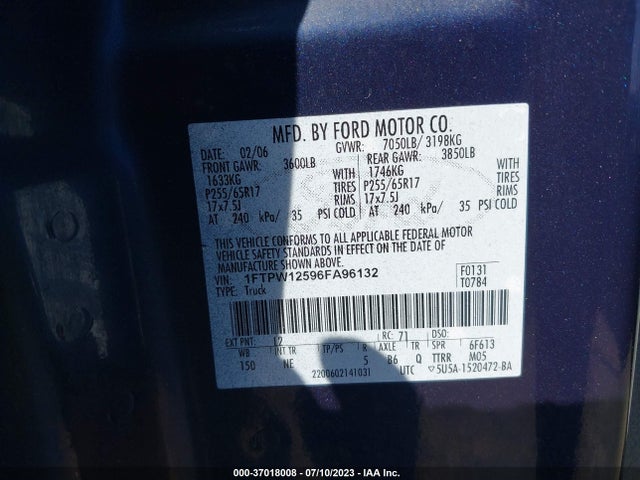 2006 FORD F-150 XLT/LARIAT/KING RANCH VIN: 1FTPW12596FA96132