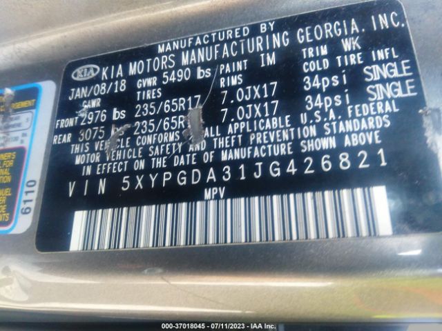 5XYPGDA31JG426821 KIA SORENTO LX