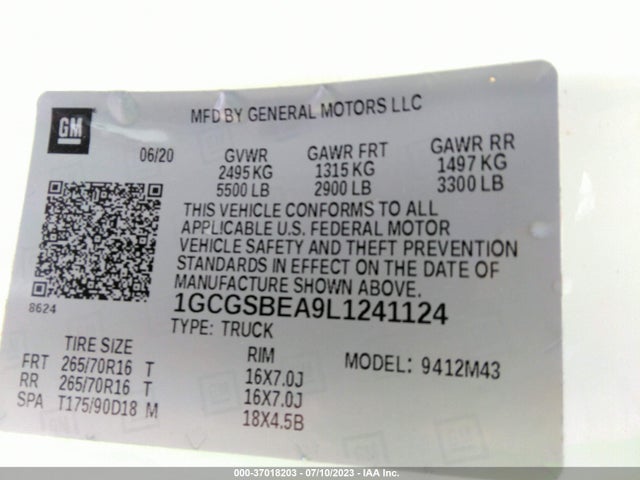 2020 CHEVROLET COLORADO 2WD WORK TRUCK VIN: 1GCGSBEA9L1241124