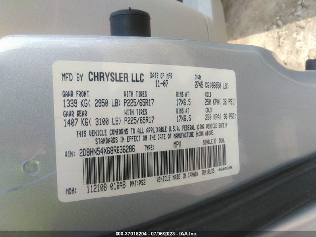 2008 DODGE GRAND CARAVAN SXT VIN: 2D8HN54X68R636286