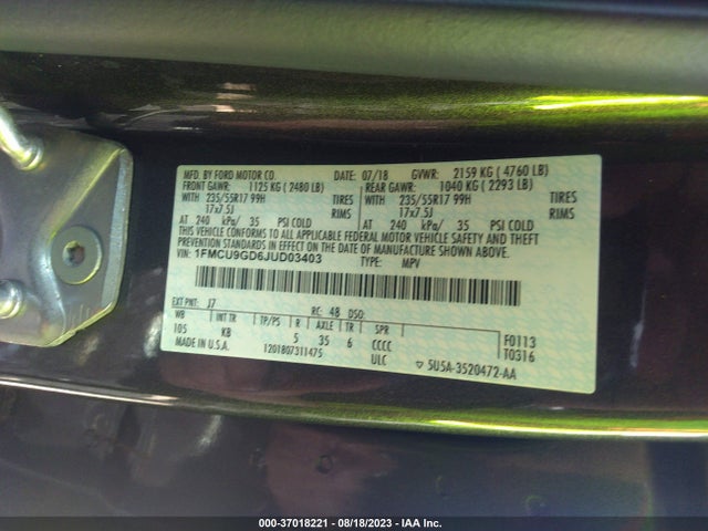 2018 FORD ESCAPE SE VIN: 1FMCU9GD6JUD03403