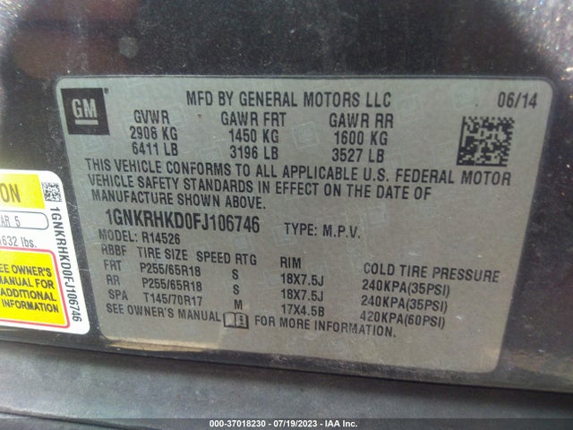 Chevrolet Traverse Lt 2015 1GNKRHKD0FJ106746 Image 9