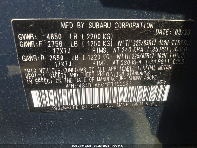 2023 SUBARU OUTBACK PREMIUM VIN: 4S4BTAFC1P3193237