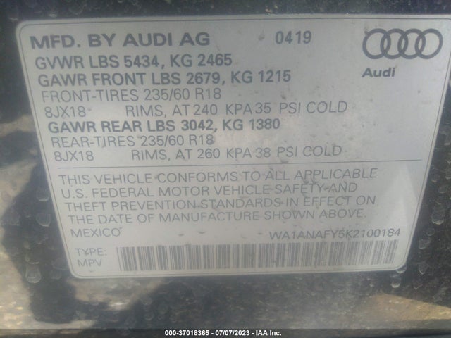 WA1ANAFY5K2100184 Audi Q5 PREMIUM