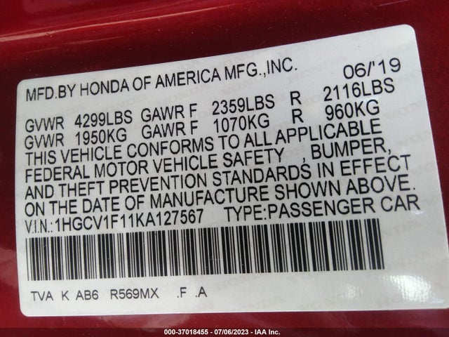 2019 HONDA ACCORD SEDAN LX 1.5T VIN: 1HGCV1F11KA127567