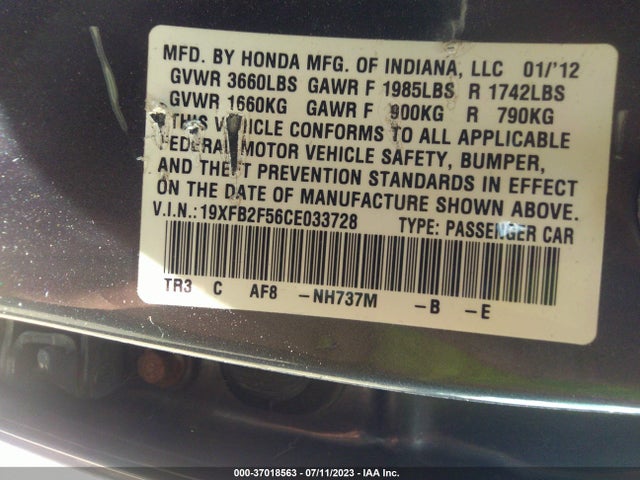 2012 HONDA CIVIC SDN LX VIN: 19XFB2F56CE033728