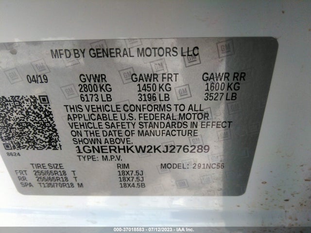 Chevrolet Traverse Lt Leather 2019 1GNERHKW2KJ276289 Image 9