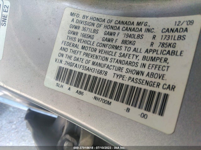2010 Honda Civic Sdn Lx მანქანა იყიდება აუქციონზე, vin: 2HGFA1F55AH316878, აუქციონის ნომერი: 37018618