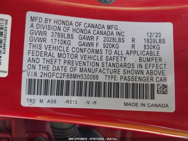 2HGFC2F88MH530066 Honda Civic Sedan Sport