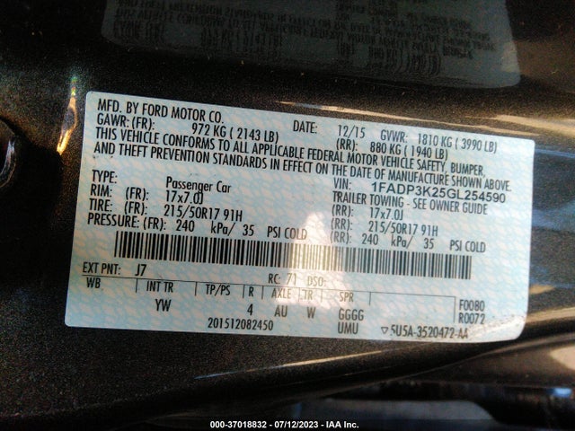 2016 FORD FOCUS SE VIN: 1FADP3K25GL254590