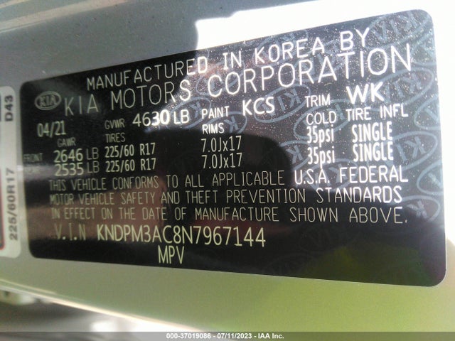2022 KIA SPORTAGE LX VIN: KNDPM3AC8N7967144