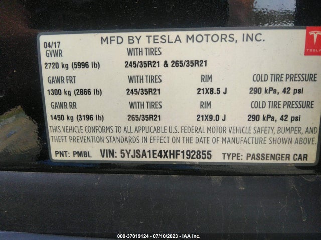 5YJSA1E4XHF192855 Tesla Model S 100d/90d/75d/60d/p100d