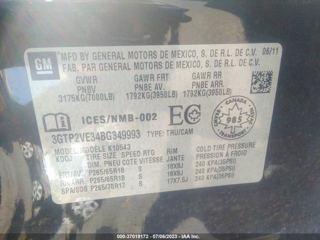 2011 GMC SIERRA 1500 SLE VIN: 3GTP2VE34BG349993