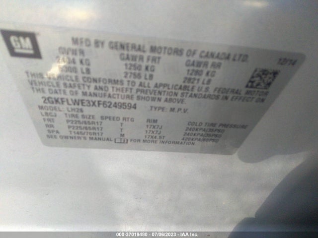 2015 GMC TERRAIN SLE-2 VIN: 2GKFLWE3XF6249594