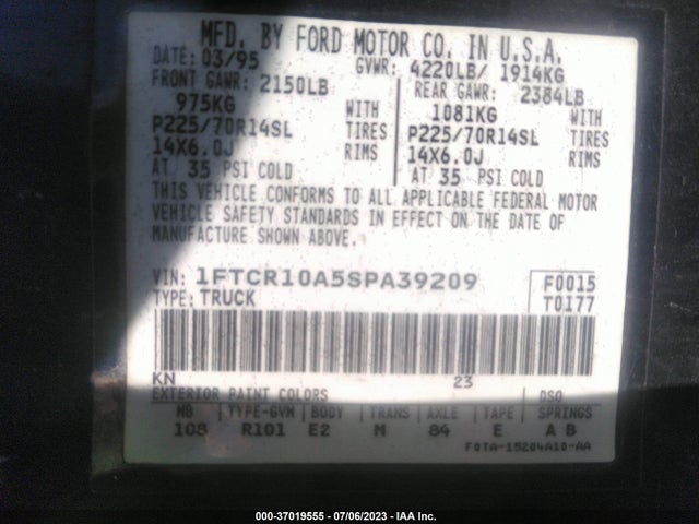 1995 FORD RANGER VIN: 1FTCR10A5SPA39209