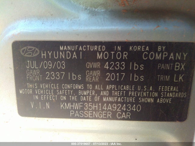 2004 HYUNDAI SONATA GLS/LX VIN: KMHWF35H14A924340