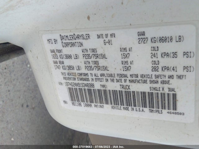 2001 DODGE DAKOTA SPORT/SLT VIN: 1B7HG2AX91S348388