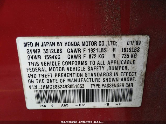 2009 HONDA FIT VIN: JHMGE88249S051053