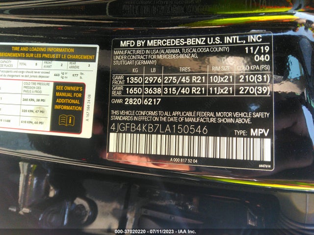 2020 MERCEDES-BENZ GLE GLE 350 VIN: 4JGFB4KB7LA150546