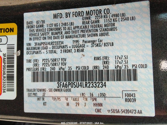 2020 Ford Fusion, VIN: 3FA6P0SU4LR233234