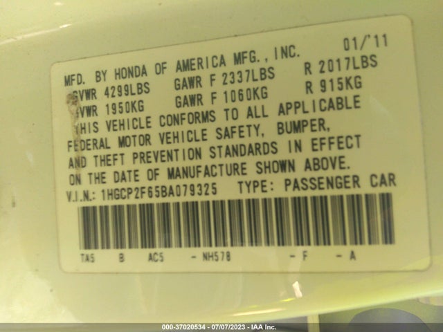 2011 HONDA ACCORD 2.4 SE VIN: 1HGCP2F65BA079325