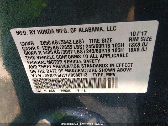 Honda Pilot Ex-l 2017 5FNYF6H51HB086713 Image 9