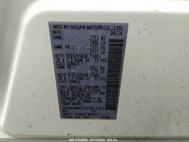 2014 NISSAN PATHFINDER S VIN: 5N1AR2MM1EC696257