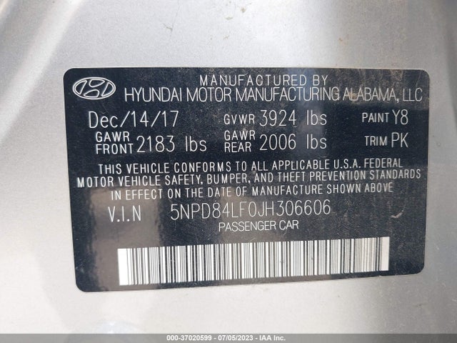 2018 HYUNDAI ELANTRA SEL VIN: 5NPD84LF0JH306606