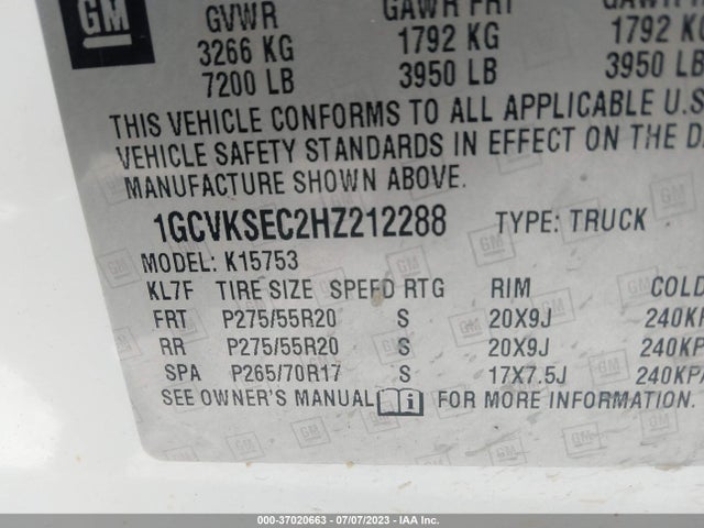 2017 CHEVROLET SILVERADO 1500 LTZ VIN: 1GCVKSEC2HZ212288