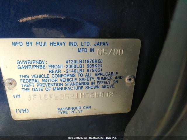 2001 SUBARU FORESTER L VIN: JF1SF63521H726808