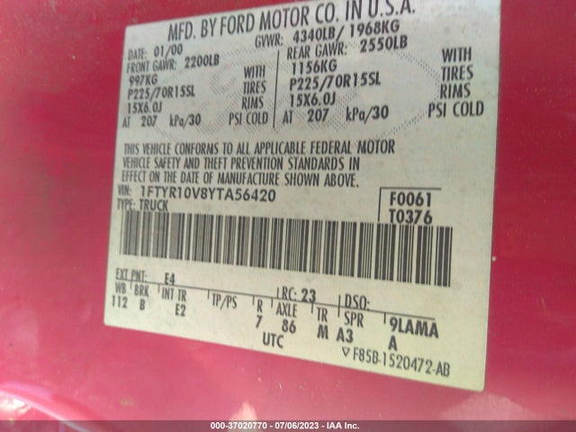 2000 FORD RANGER XL/XLT VIN: 1FTYR10V8YTA56420