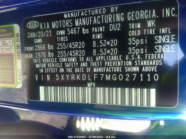 5XYRKDLF7MG027110 KIA SORENTO SX