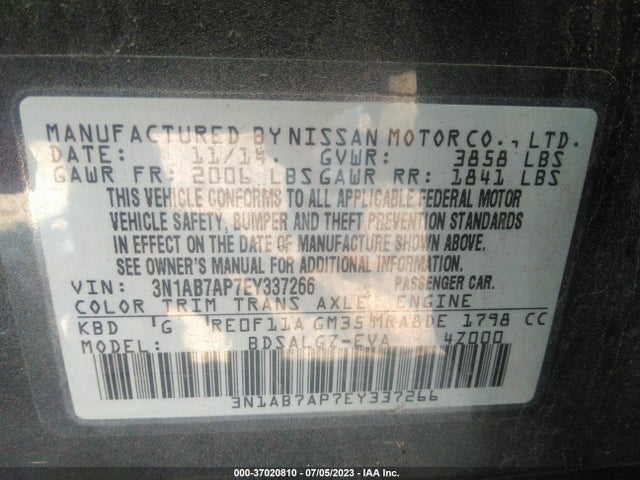 2014 NISSAN SENTRA SL VIN: 3N1AB7AP7EY337266