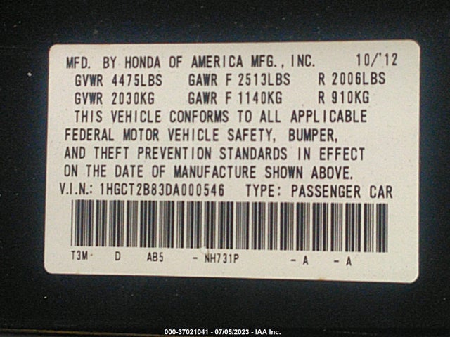 2013 HONDA ACCORD CPE EX-L VIN: 1HGCT2B83DA000546