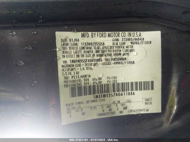 2004 MERCURY SABLE LS PREMIUM VIN: 1MEFM55S74G611886