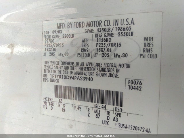 2004 FORD RANGER XL/XL FLEET/XLT VIN: 1FTYR10D94PA23940