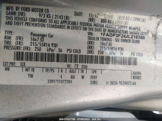 1FADP3F24JL218360 Ford FOCUS SE