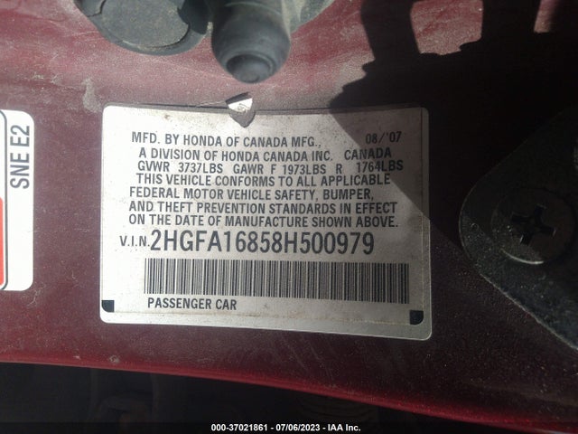 2008 HONDA CIVIC SDN EX VIN: 2HGFA16858H500979