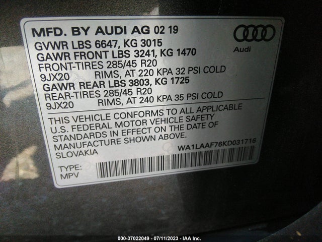 WA1LAAF76KD031716 Audi Q7 Premium Plus