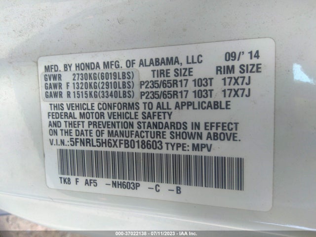 Honda Odyssey Ex-l 2015 5FNRL5H6XFB018603 Image 9