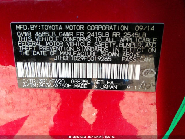 2015 LEXUS IS 250 VIN: JTHCF1D29F5019265
