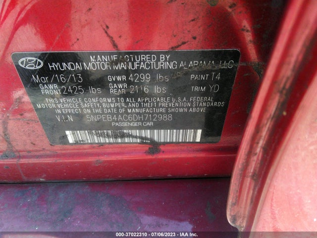 2013 HYUNDAI SONATA GLS PZEV VIN: 5NPEB4AC6DH712988