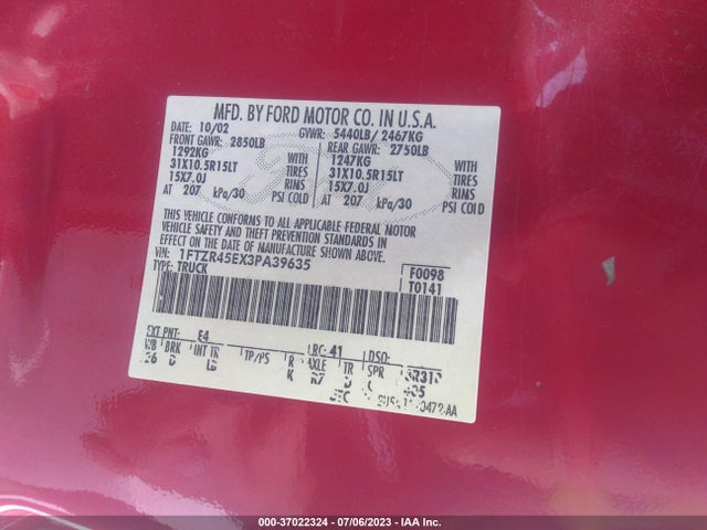 2003 FORD RANGER XL FLEET/XLT VIN: 1FTZR45EX3PA39635