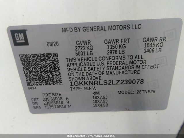 1GKKNRLS2LZ239078 GMC ACADIA SLE