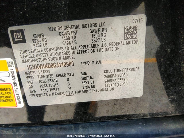 Chevrolet Traverse Lt 2016 1GNKVHKD8GJ113960 Image 9
