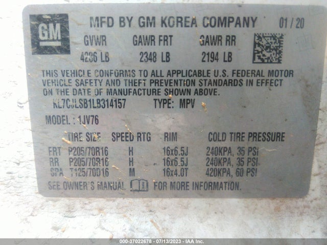 Chevrolet Trax Lt 2020 KL7CJLSB1LB314157 Image 9