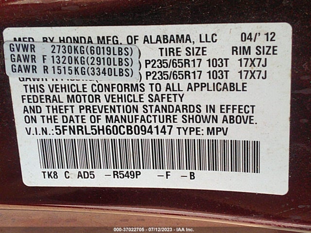 2012 HONDA ODYSSEY EX-L VIN: 5FNRL5H60CB094147