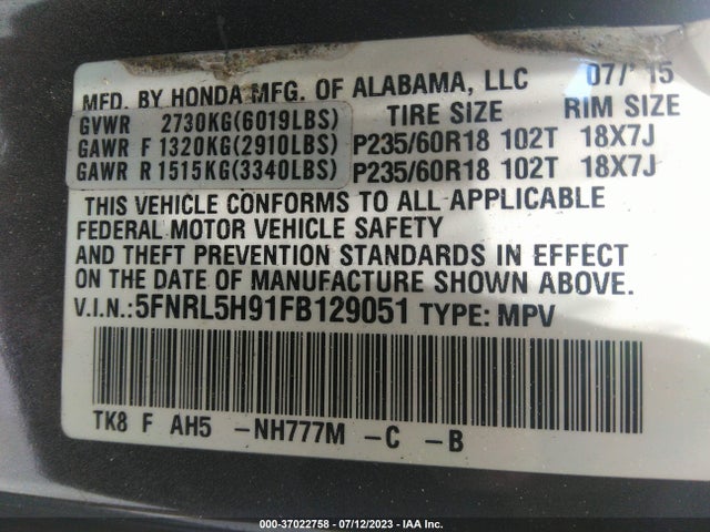 Honda Odyssey Touring 2015 5FNRL5H91FB129051 Image 9